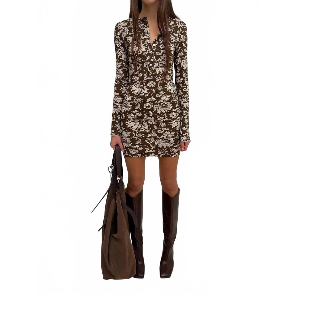 NEW RODEBJER kiara henley mini shirt dress in brown/cream